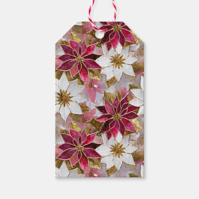 White Guld Burgundy Rosa jul Poinsettias Presentetikett (Framsidan)