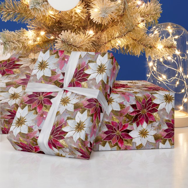 White Guld Burgundy Rosa jul Poinsettias Presentpapper (Helgdagar)