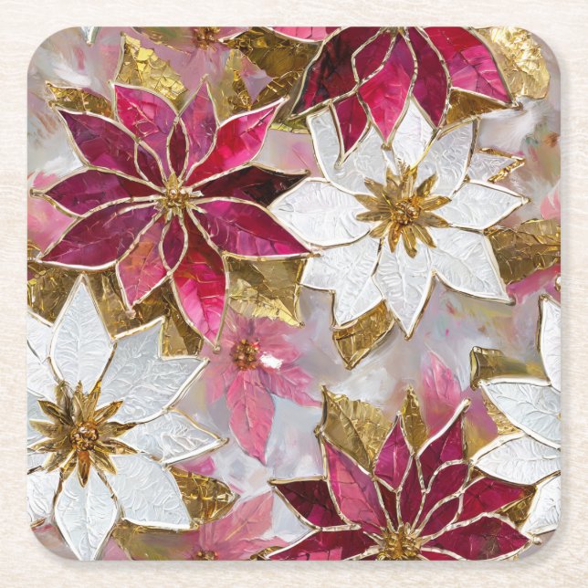 White Guld Burgundy Rosa jul Poinsettias Underlägg Papper Kvadrat (Framsidan)