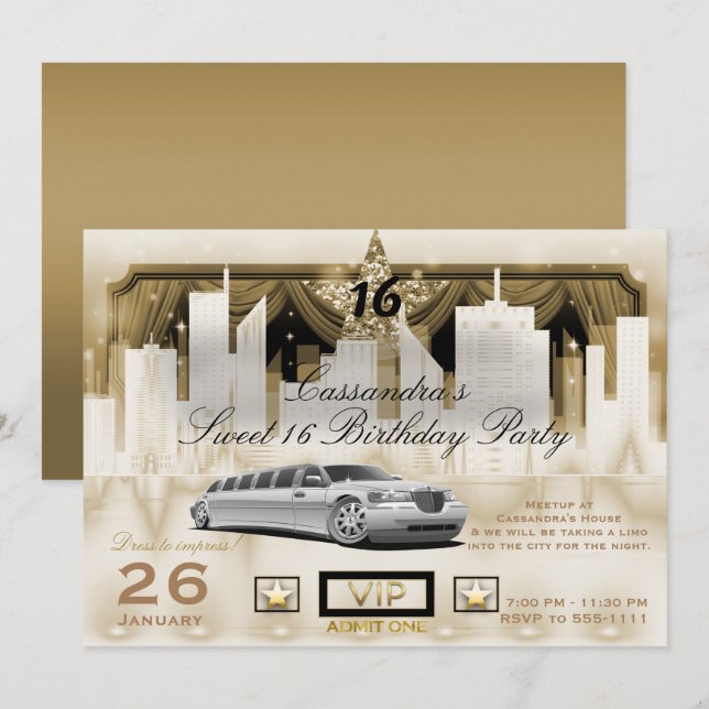 White Guld City Night Ljus Limo Födelsedagsfest Inbjudningar (Fram/baksida)