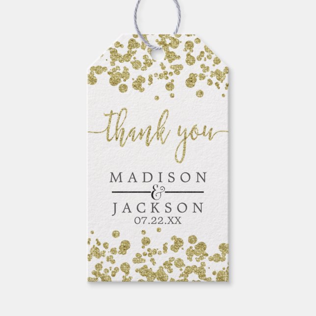 White & Guld Confetti Bröllop Tack Presentetikett (Framsidan)