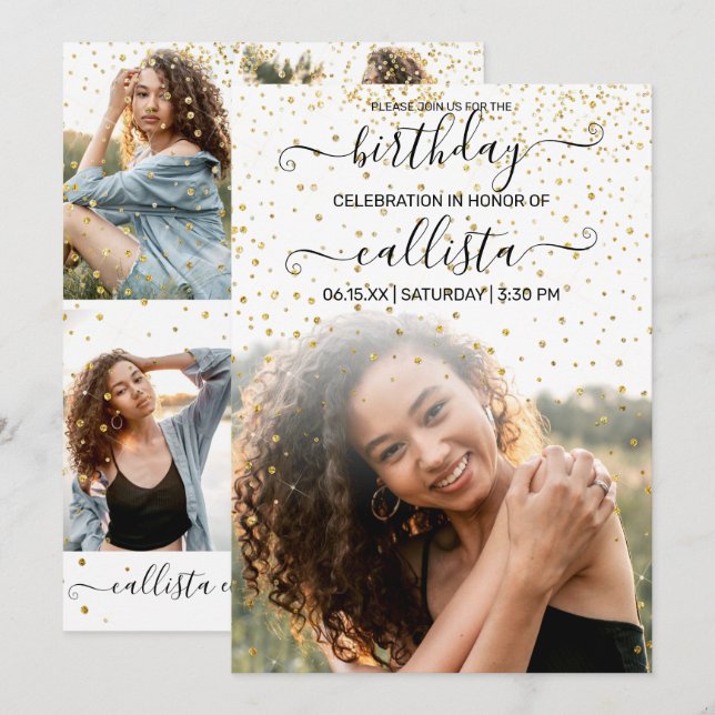White Guld Confetti Photo Collage Birthday Inbjudningar (Fram/baksida)