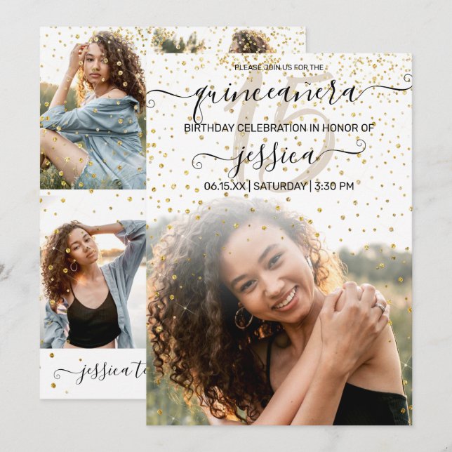 White Guld Confetti Photo Collage Quinceañera Inbjudningar (Fram/baksida)
