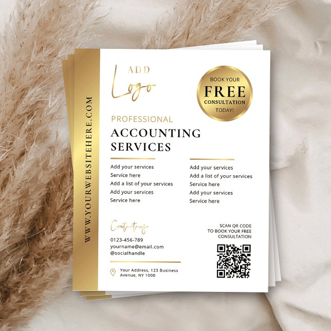 White & Guld Corporate Business QR Code Marknadsfö Flygblad (Promote your services with this professional gold effect marketing flyer design)