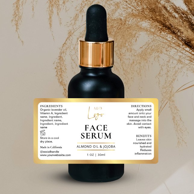 White & Guld Cosmetic 1 OZ Dropper Flaska-etikett Adressetikett (Create branded labels for your small skincare bottles using this label *verify size*)