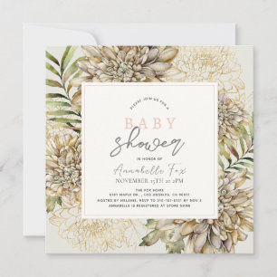 White & Guld Dahlia Blommigt Girl Baby Shower Inbjudningar