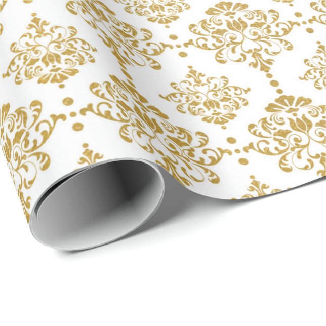 White Guld Damask Royal Bröllop Möhippa Presentpapper (Rullad Hörn)