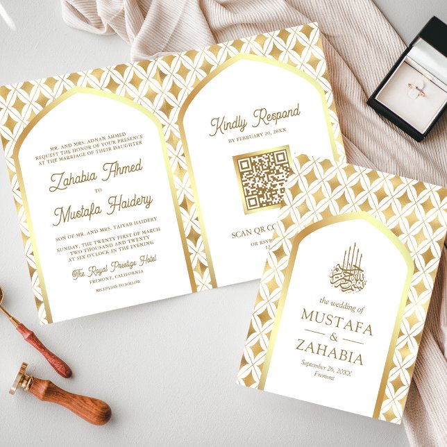 White Guld Diamonds Arch QR Kod Muslim Bröllop Inbjudan (Skapare uppladdad)