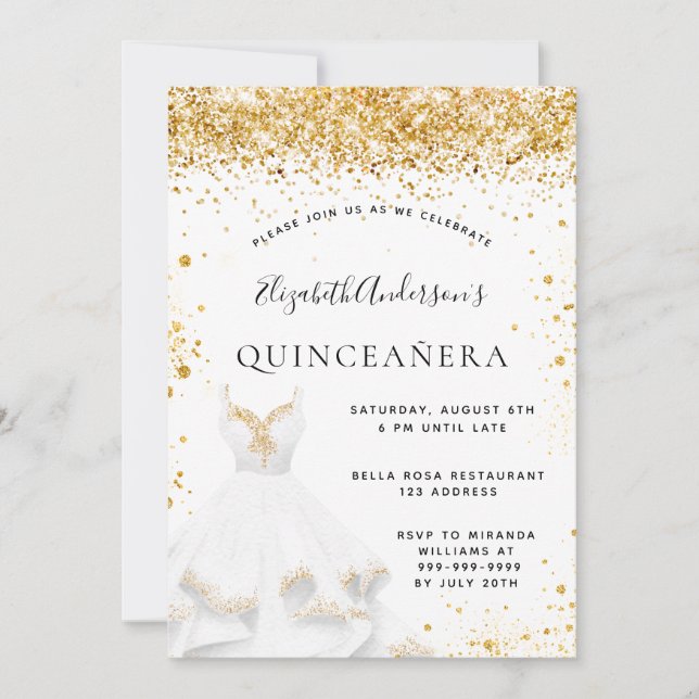 White guld dress glitter Quinceanera Inbjudningar (Framsida)