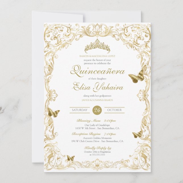 White Guld Elegant Baroque Regal Quinceanera Inbjudningar (Framsida)