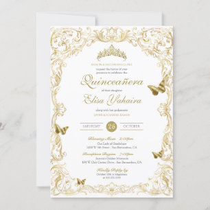 White Guld Elegant Baroque Regal Quinceanera Inbjudningar
