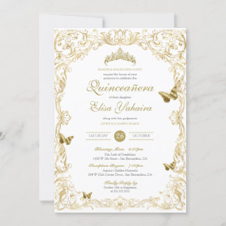 White Guld Elegant Baroque Regal Quinceanera Inbjudningar