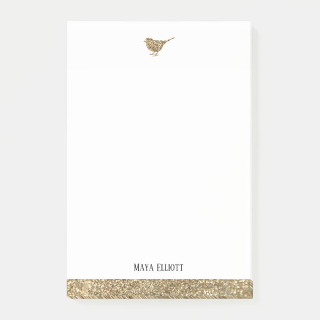 White & Guld Faux Glitter Bird & Gräns, Namn Post-it Block (Framsida)