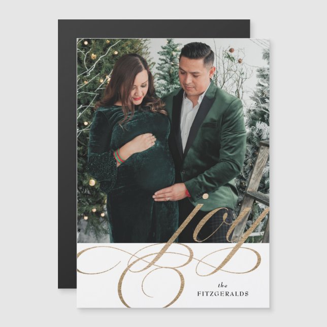 White & Guld Festive Flourish Joy Helgdag Magnet (Fram/baksida)