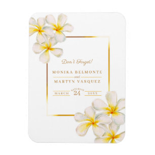 White guld Frangipani-påminnelse om bröllopsinbjud Magnet