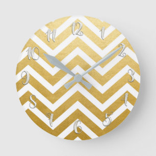 White & Guld Glitter Girly Glam Glamor Chevron Rund Klocka