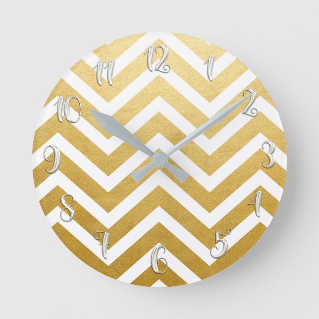 White & Guld Glitter Girly Glam Glamor Chevron Rund Klocka (Framsida)