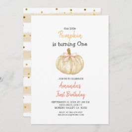 WHITE Guld Glitter Pumpkin 1:a födelsedagsinbjudan Inbjudningar