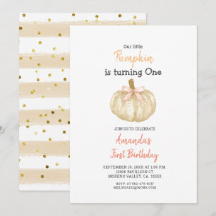 WHITE Guld Glitter Pumpkin 1:a födelsedagsinbjudan Inbjudningar
