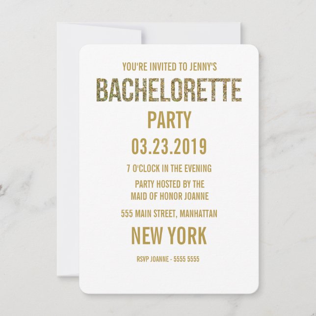 White Guld Glitter Typography Bachelorette Inbjuda Inbjudningar (Framsida)