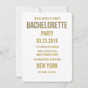 White Guld Glitter Typography Bachelorette Inbjuda Inbjudningar