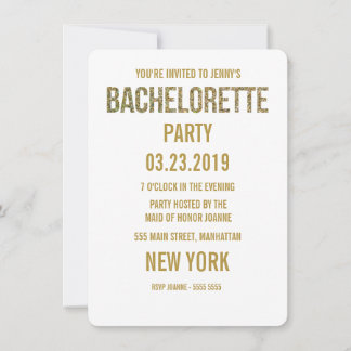 White Guld Glitter Typography Bachelorette Inbjuda Inbjudningar