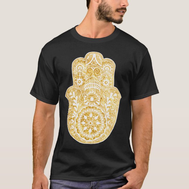 White Guld Hamsa Hand T Shirt (Framsida)