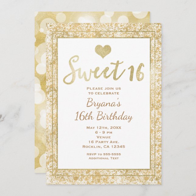 White & Guld Heart Glam SWEET 16-partsinbjudan Inbjudningar (Fram/baksida)