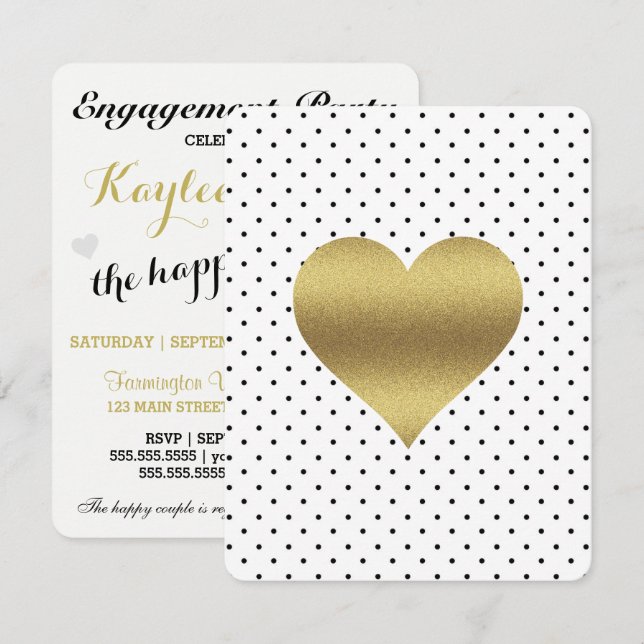 White & Guld Heart Polka Dot Möhippa Party Inbjudningar (Fram/baksida)