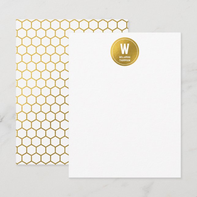 White & Guld Hexagon Mönster Monogram Initial Anteckningskort (Fram/baksida)