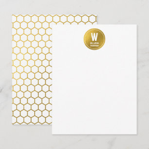 White & Guld Hexagon Mönster Monogram Initial Anteckningskort
