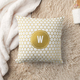 White & Guld Hexagon Mönster Monogrammed Initial Kudde