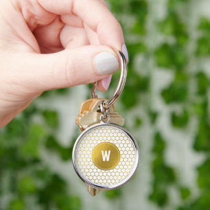 White & Guld Hexagon Mönster Monogrammed Initial Rund Silverfärgad Nyckelring