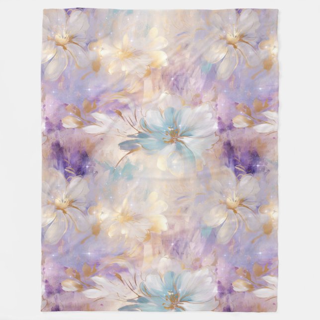 White Guld Lila Blue Blommigt Fleecefilt (Framsidan)
