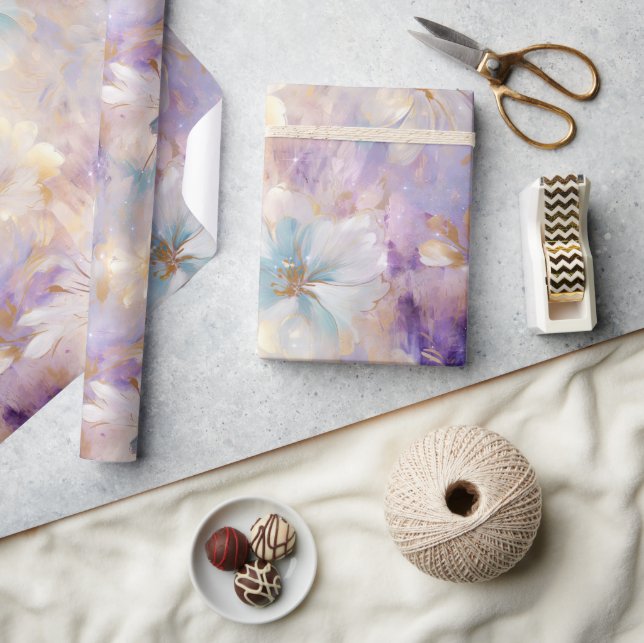 White Guld Lila Blue Blommigt Presentpapper (Hantverk)