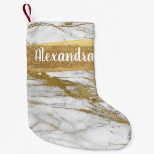 White & Guld Marble Glitter och Gnistra Monogram Liten Julstrumpa