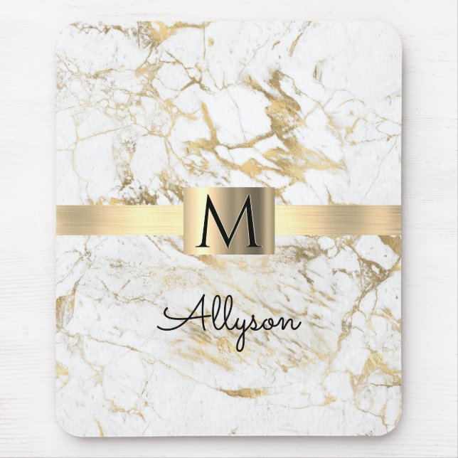 White & Guld Marble, Guld Box, Black Namn Monogram Musmatta (Framsidan)
