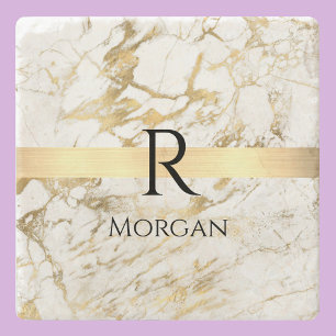 White & Guld Marble Guld Pub, Black Namn Monogram Stenunderlägg