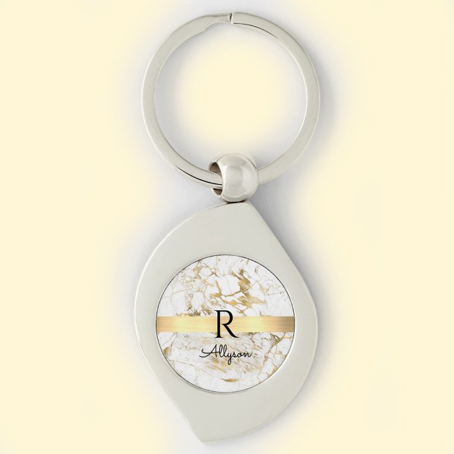 White & Guld Marble, Guld Pub, Black Namn Monogram Swirl Silverfärgad Nyckelring (Skapare uppladdad)