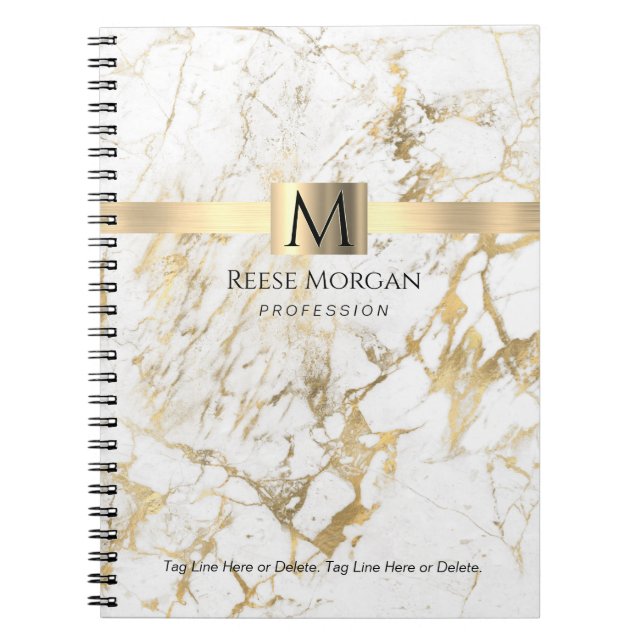 White/Guld Marble, Namn & Monogram, Professional Anteckningsbok (Framsidan)