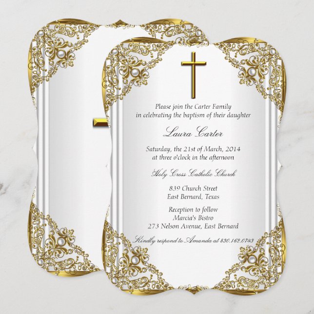 White Guld Pearl Damask Kor Baptism Christening Inbjudningar (Fram/baksida)