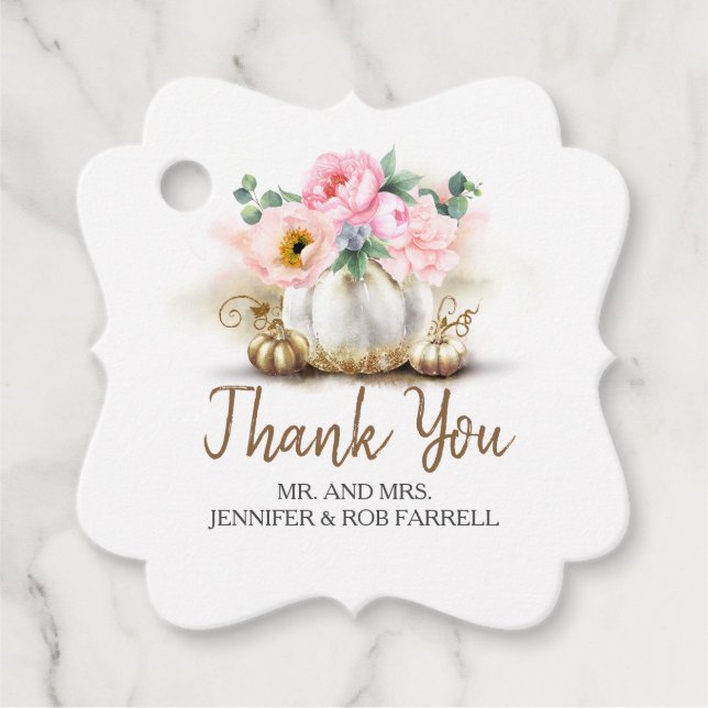 White Guld Pumpkin Blommigt Modern Bröllop Gåvor Etiketter (Framsida)