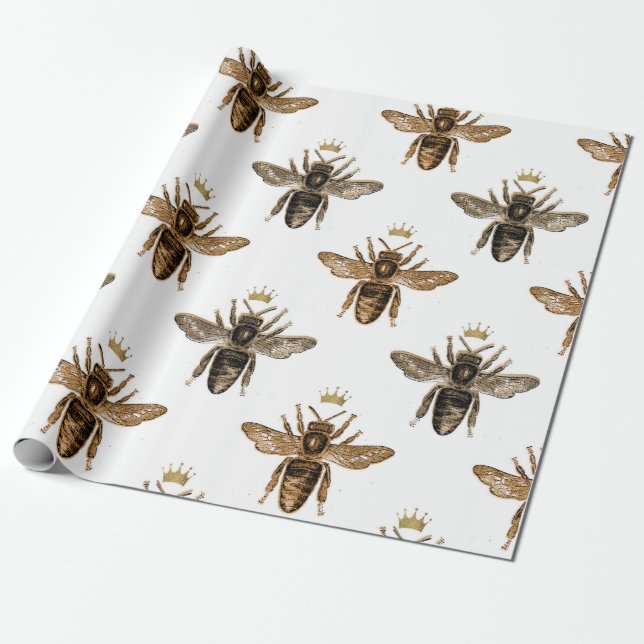 White & Guld Queen Bee Wrapping Papper Presentpapper (Utrullad)