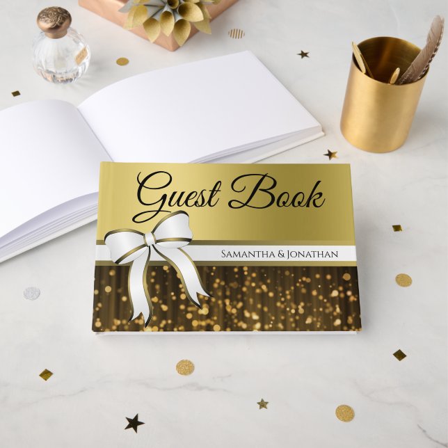White & Guld Ribbon & Bow Faux Foil Bröllop Gästböcker (Framsida öppen)
