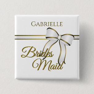 White & Guld Ribbon Bröllop Bridesmaid Namn bricka Knapp