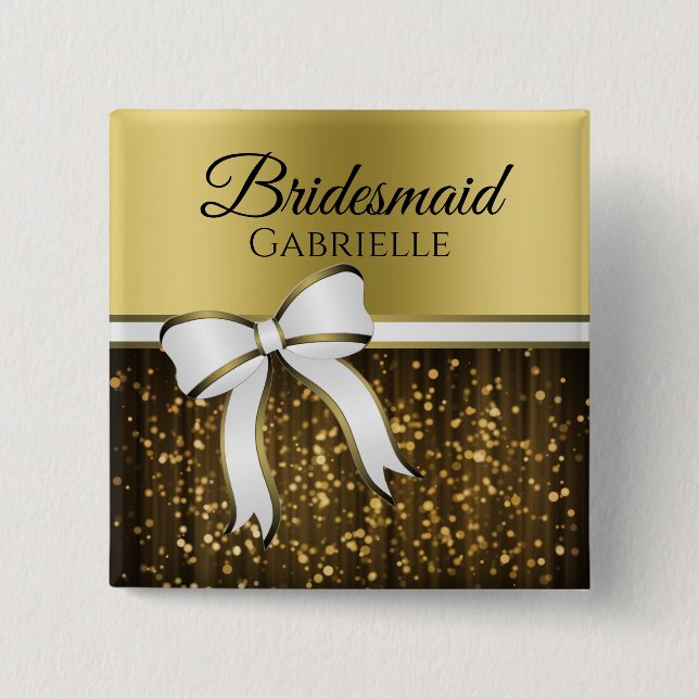 White & Guld Ribbon Bröllop Bridesmaid Namn bricka Knapp (Framsida)