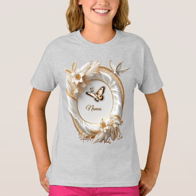 White Guld Ro, Champagne Silke och Butterflies T Shirt (Framsida)