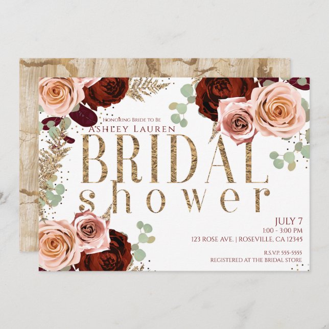 White Guld Rosa Burgundy Rosor Möhippa Inbjudningar (Fram/baksida)