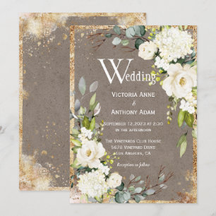 White Guld Rustic Blommigt Brown Bröllop Inbjudningar