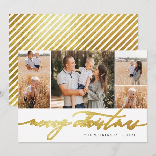 White Guld Script 5 Photo Collage God jul Julkort (Fram/baksida)